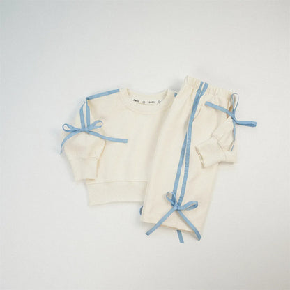 長袖セットアップ キッズセットアップ 2点セット スウェット ジャージ リボンライン 長袖スウェットシャツ+ロングパンツ 4カラー【mh0006347】