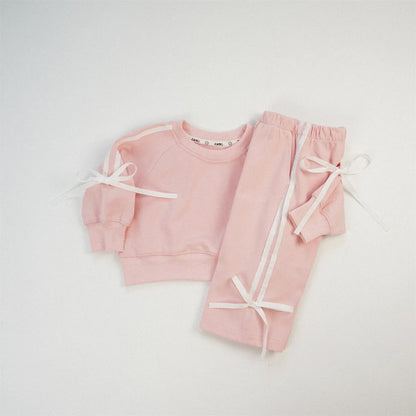 長袖セットアップ キッズセットアップ 2点セット スウェット ジャージ リボンライン 長袖スウェットシャツ+ロングパンツ 4カラー【mh0006347】