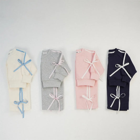 長袖セットアップ キッズセットアップ 2点セット スウェット ジャージ リボンライン 長袖スウェットシャツ+ロングパンツ 4カラー【mh0006347】