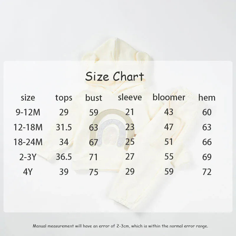 長袖セットアップ ベビーキッズセットアップ 2点セット くま耳フーディレインボー刺繍スウェットシャツ+ロングパンツ 4カラー【mh0006949】