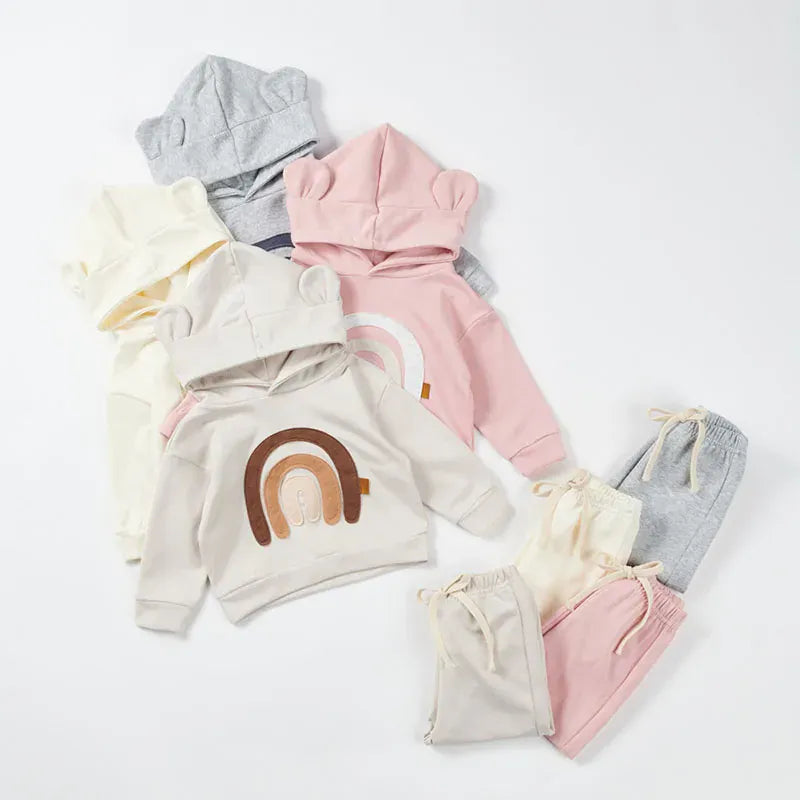 長袖セットアップ ベビーキッズセットアップ 2点セット くま耳フーディレインボー刺繍スウェットシャツ+ロングパンツ 4カラー【mh0006949】