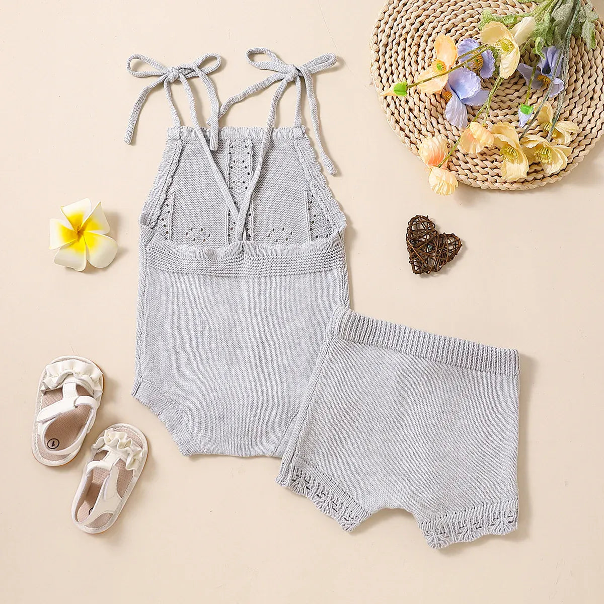 ロンパースセットアップ ベビーセットアップ 2点セット レースニットキャミソールロンパース+ニットショートパンツ 4カラー【mh0007433】