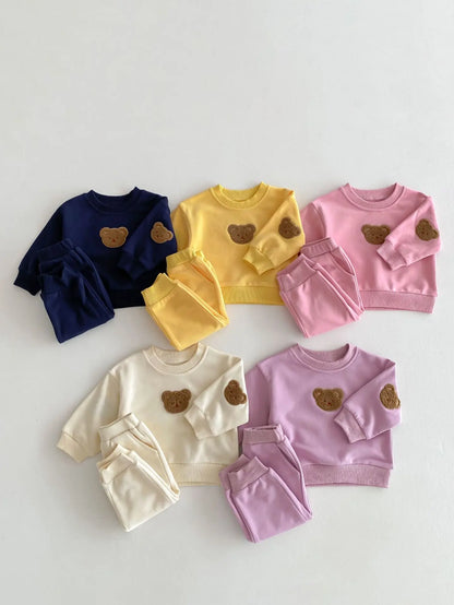 長袖セットアップ ベビーキッズセットアップ 2点セット スウェットシャツ+スウェットパンツ ベアくまワッペン 5カラー【mh0006446】