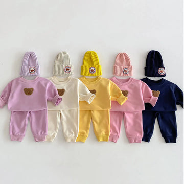 長袖セットアップ ベビーキッズセットアップ 2点セット スウェットシャツ+スウェットパンツ ベアくまワッペン 5カラー【mh0006446】