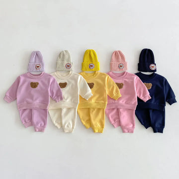 長袖セットアップ ベビーキッズセットアップ 2点セット スウェットシャツ+スウェットパンツ ベアくまワッペン 5カラー【mh0006446】