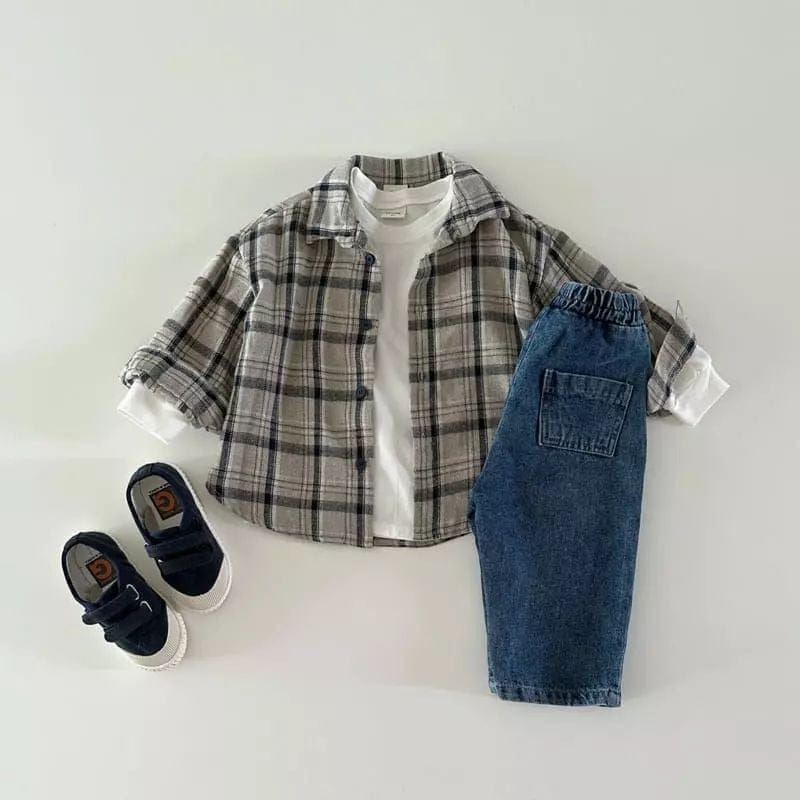 長袖シャツ・ブラウス ベビー キッズ 長袖シャツ チェック ルーズ カーキ グレー 2色 ボーイズ 男の子 7725