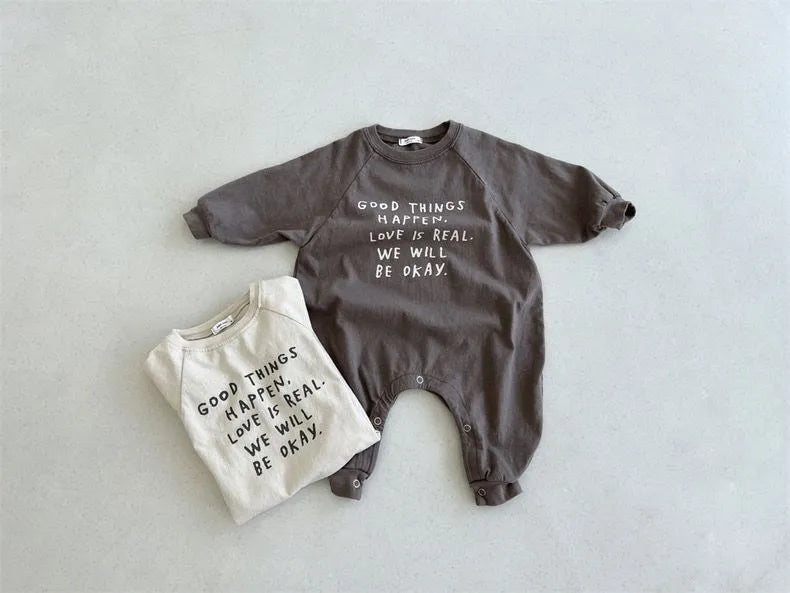 長袖ロンパース ベビー 長袖ジャンプスーツ ロンパース レターロゴプリント コーヒー アプリコット 2カラー ボーイズ 男の子 子供服 7826