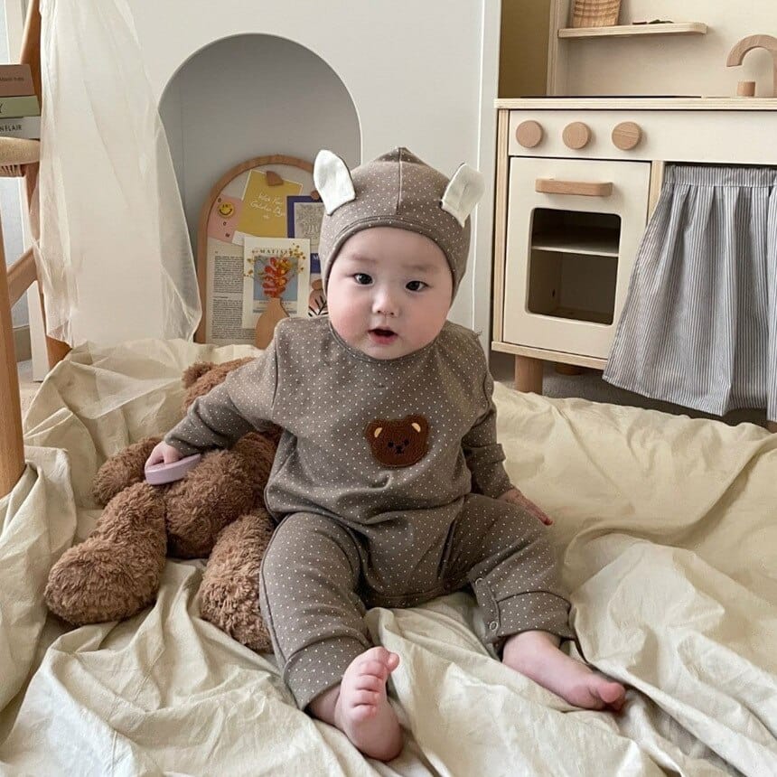 長袖ロンパース ベビー 長袖ロンパース 帽子セット 水玉 ドット くま ベア ボンネットセット コーヒー ホワイト 2カラー ユニセックス 男の子 女の子 子供服 9085