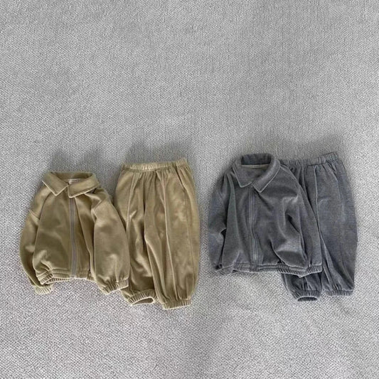 長袖セットアップ ベビーキッズセットアップ 2点セット 襟付きジップアップスウェットジャケット+ロングパンツ【mh-0008562】