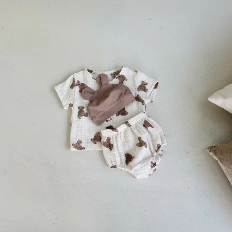 半袖セットアップ ベビーセットアップ 2点セット 半袖シャツ+ブルマパンツ ベアくまプリント ベージュ【mh0000061】