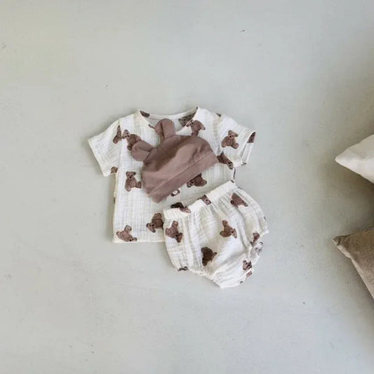 半袖セットアップ ベビーセットアップ 2点セット 半袖シャツ+ブルマパンツ ベアくまプリント ベージュ【mh0000061】