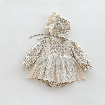 長袖ロンパース ベビー 長袖ロンパース フラワー 花柄 レースエプロン ドッキング ドレスロンパース ボンネットセット 帽子付き 2点セット ガールズ 女の子【mh0002829】