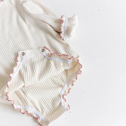 長袖ロンパース ベビー 長袖ロンパース リブ フリル スタンドカラー シンプル ベーシック ピンク ベージュ 2カラー ガールズ 女の子 子供服【mh0002921】