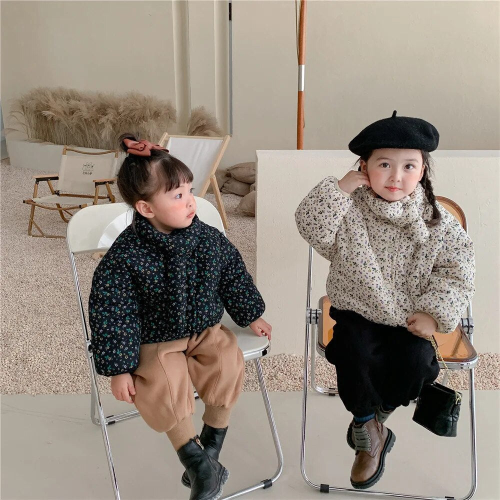 ショートコート・ジャケット・ジャンパー キッズアウター コート フラワー 花柄プリント マフラードッキングジャケット 裏ボア ブルー ベージュ 2カラー ガールズ 女の子 子供服【mh0003152】