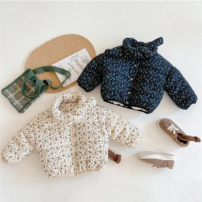 ショートコート・ジャケット・ジャンパー キッズアウター コート フラワー 花柄プリント マフラードッキングジャケット 裏ボア ブルー ベージュ 2カラー ガールズ 女の子 子供服【mh0003152】