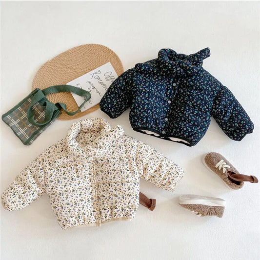 ショートコート・ジャケット・ジャンパー キッズアウター コート フラワー 花柄プリント マフラードッキングジャケット 裏ボア ブルー ベージュ 2カラー ガールズ 女の子 子供服【mh0003152】