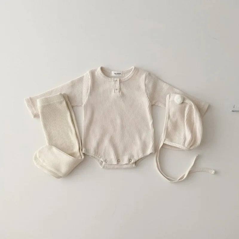 長袖ロンパース ベビー長袖ロンパース ボンネットセット 帽子セット ピンクボーダー ホワイト無地 2カラー ユニセックス 男の子 女の子 子供服【mh0003316】