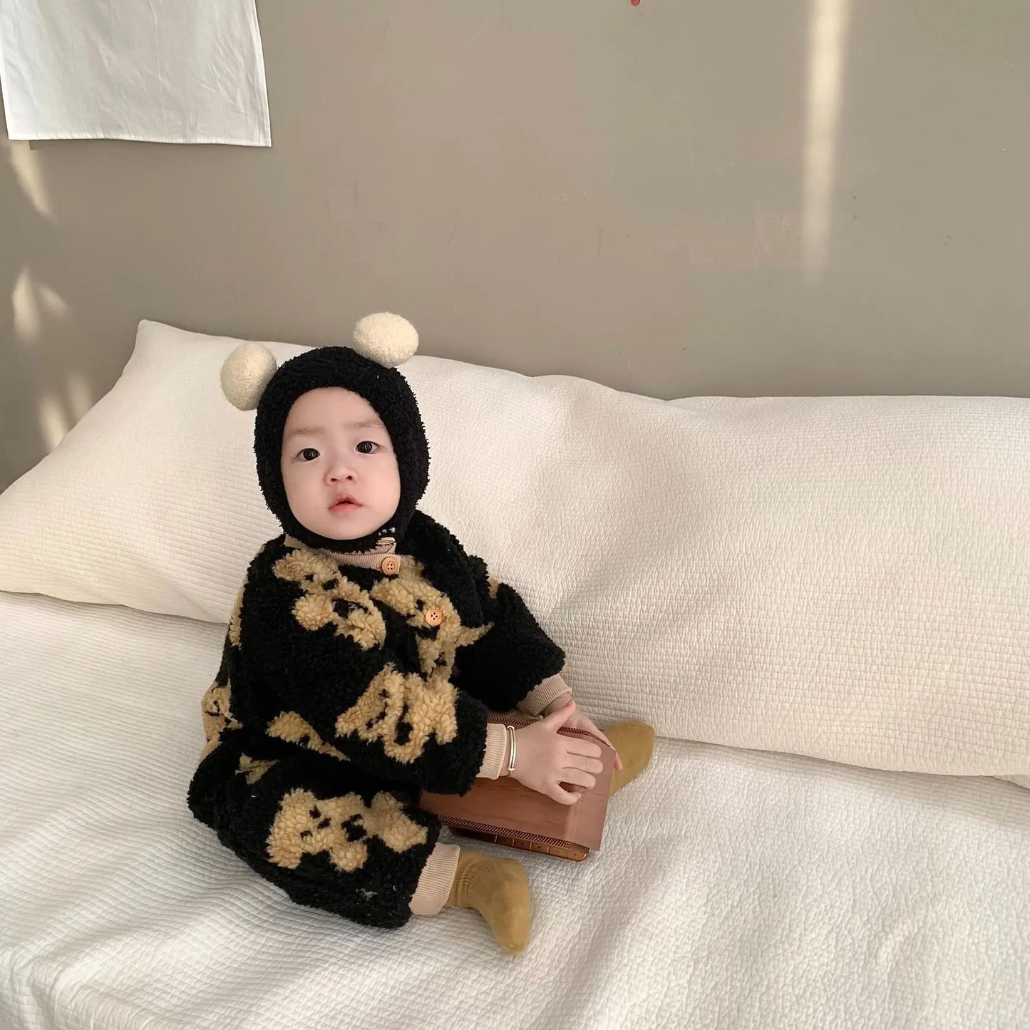 アウタージャンプスーツ ベビーアウタージャンプスーツ クマベアプリント ボアフリース長袖ロンパース 2カラー ユニセックス 男の子 女の子 子供服【mh0003332】