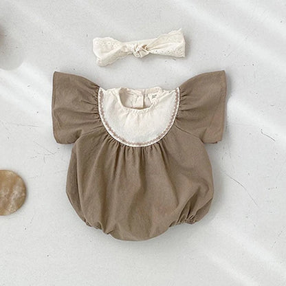半袖ロンパース ベビーロンパース フリルスリーブ 半袖ボディスーツ ピンク コーヒー 2カラー【mh0003671】