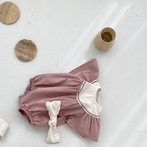 半袖ロンパース ベビーロンパース フリルスリーブ 半袖ボディスーツ ピンク コーヒー 2カラー【mh0003671】