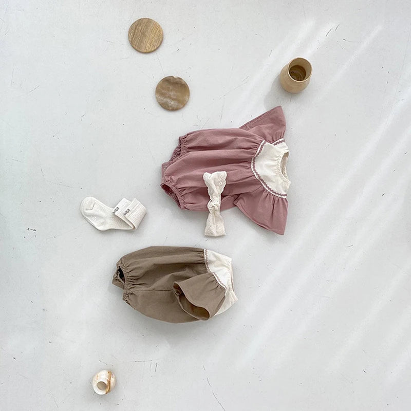 半袖ロンパース ベビーロンパース フリルスリーブ 半袖ボディスーツ ピンク コーヒー 2カラー【mh0003671】