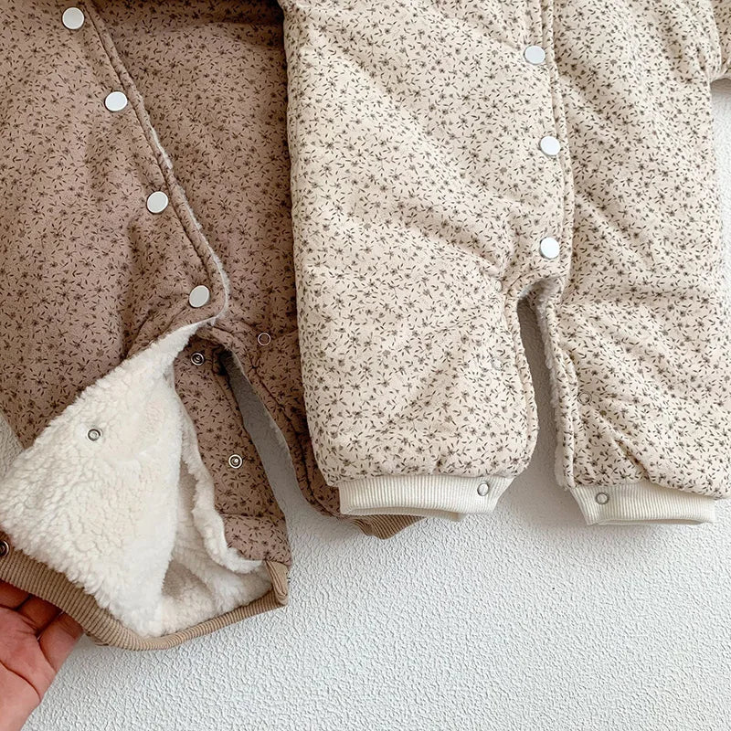 アウタージャンプスーツ ベビーアウタージャンプスーツ 長袖ロンパース 裏ボアフリース フラワー花柄プリント ベージュ カーキ 2カラー【mh0003678】