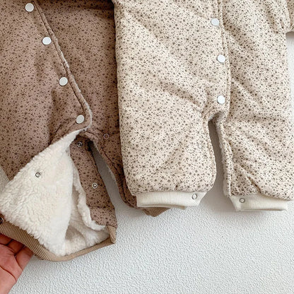 アウタージャンプスーツ ベビーアウタージャンプスーツ 長袖ロンパース 裏ボアフリース フラワー花柄プリント ベージュ カーキ 2カラー【mh0003678】