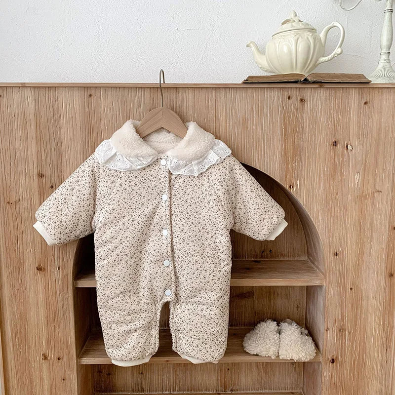 アウタージャンプスーツ ベビーアウタージャンプスーツ 長袖ロンパース 裏ボアフリース フラワー花柄プリント ベージュ カーキ 2カラー【mh0003678】
