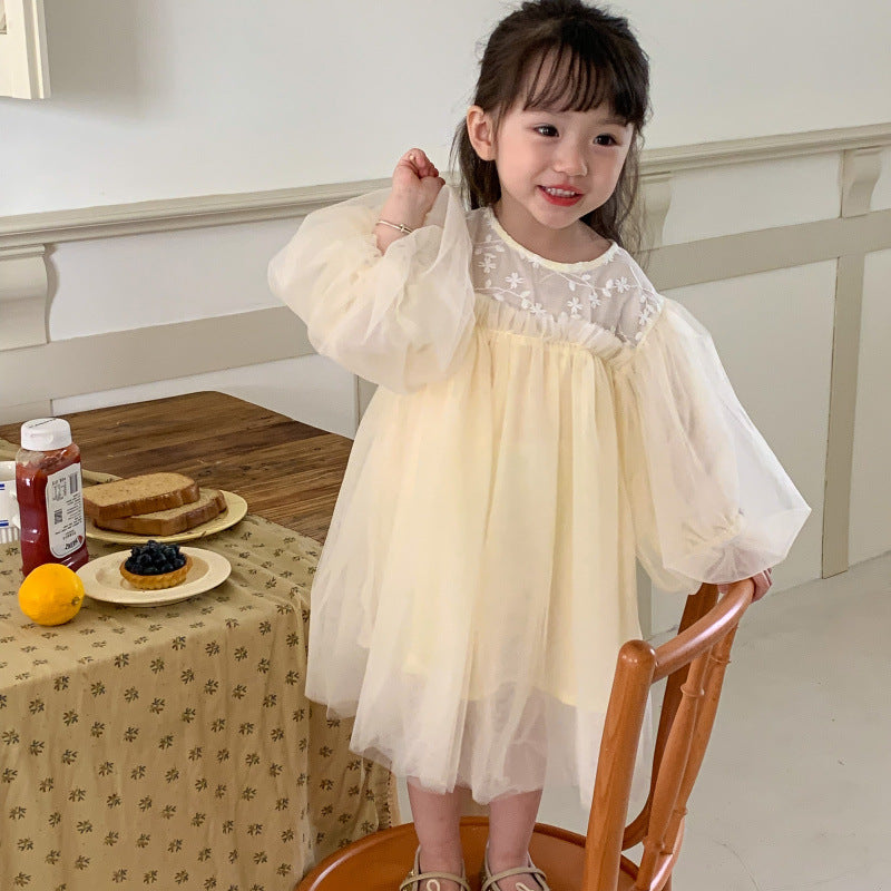 長袖ワンピース キッズワンピース 刺繍レース 長袖パフスリーブ ドレスワンピース ピンク アイボリー 2カラー【mh0003704】