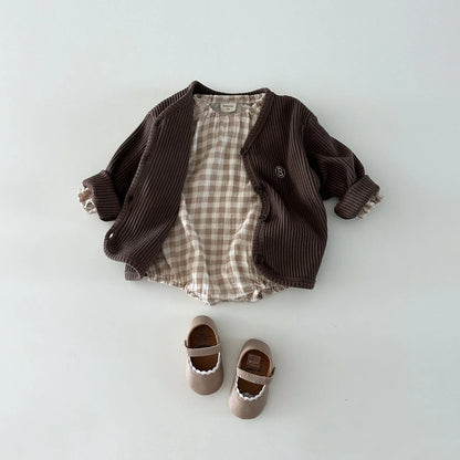 長袖ロンパース ベビーロンパース 長袖ボディスーツ ダブルガーゼ ハート チェック プリント 2カラー【mh0003760】