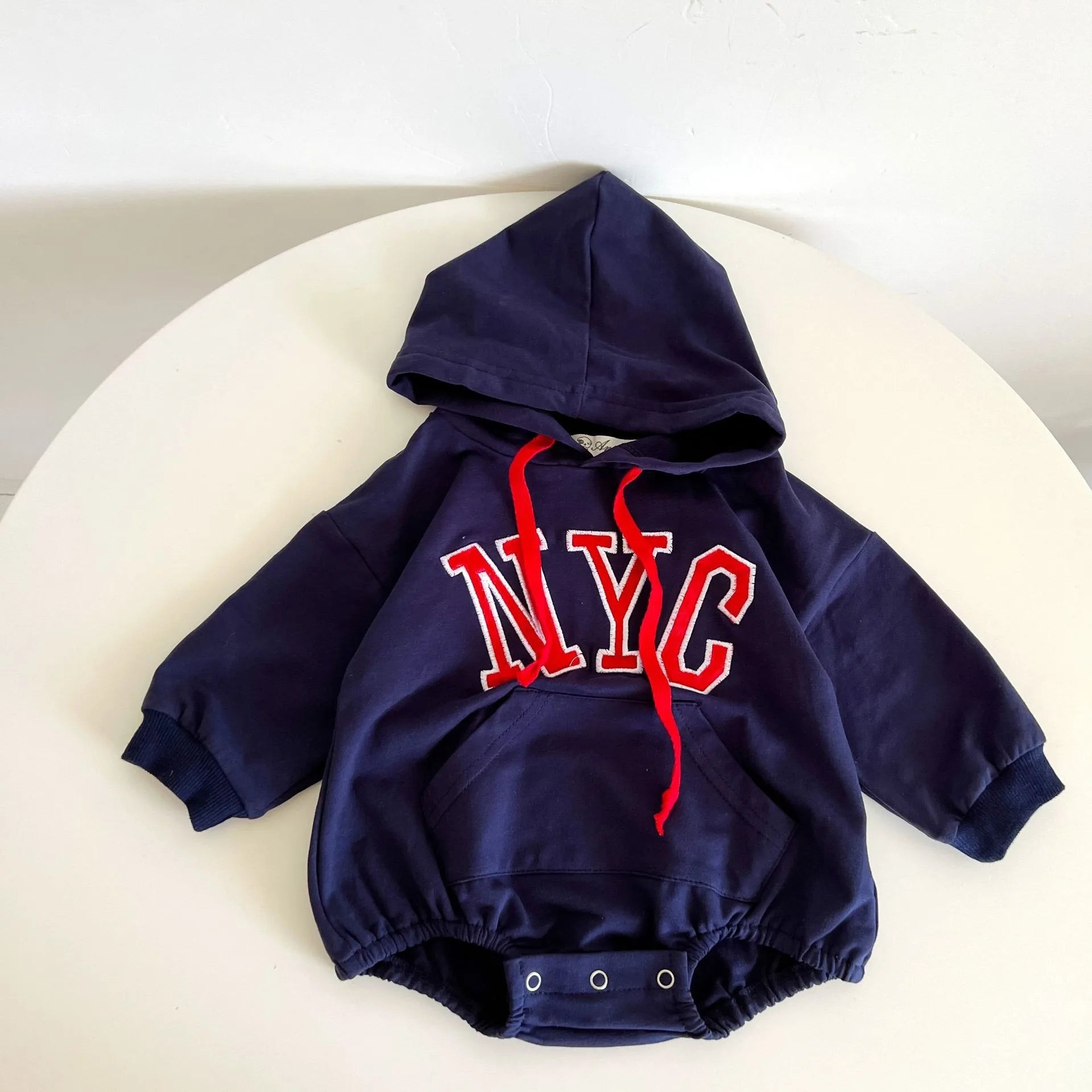 長袖ロンパース ベビーロンパース 長袖フーディボディスーツ レターロゴ刺繍 ポケット ブルー グレー 2カラー【mh0003782】