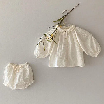 長袖セットアップ ベビーセットアップ 2点セット 長袖パフスリーブブラウス ブルマパンツ レース刺繍【mh0003785】