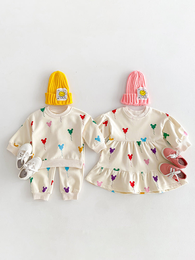 長袖セットアップ キッズセットアップ 2点セット 長袖スウェットシャツ ロングパンツ 長袖ワンピース カラフルミッキーバルーンプリント リンクコーデ  姉妹兄弟 お揃いコーデ【mh0003844】