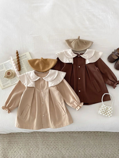 長袖ワンピース ベビーアウター ダブル襟 ワンピースジャケット お出かけ カーキ/ブラウン/2カラー【mh0004218】