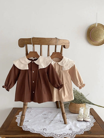 長袖ワンピース ベビーアウター ダブル襟 ワンピースジャケット お出かけ カーキ/ブラウン/2カラー【mh0004218】