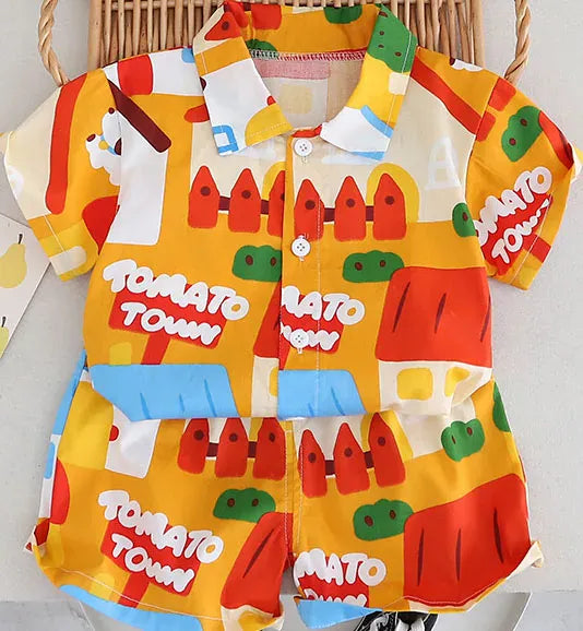 半袖セットアップ キッズセットアップ 2点セット 半袖アロハシャツ+ショートパンツ 車 キャラクター 総柄プリント【mh0004484】