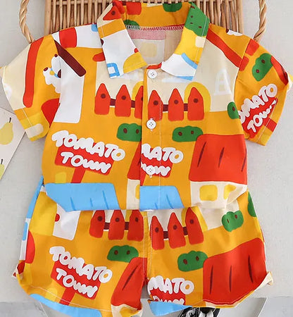 半袖セットアップ キッズセットアップ 2点セット 半袖アロハシャツ+ショートパンツ 車 キャラクター 総柄プリント【mh0004484】