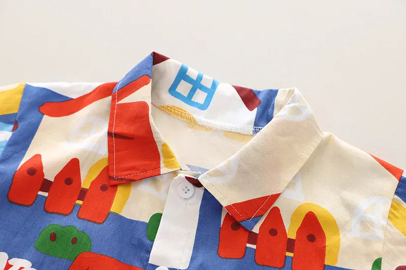 半袖セットアップ キッズセットアップ 2点セット 半袖アロハシャツ+ショートパンツ 車 キャラクター 総柄プリント【mh0004484】