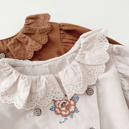 長袖ロンパース ベビーロンパース 長袖パフスリーブボディスーツ レース襟 フラワー花柄刺繍 2カラー【mh0004639】