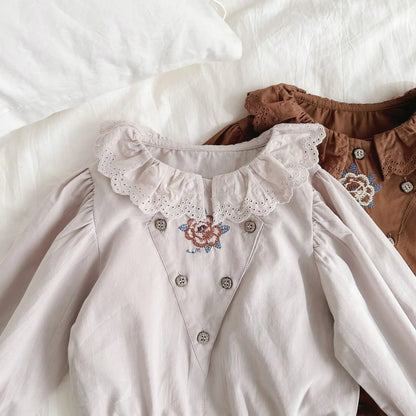 長袖ロンパース ベビーロンパース 長袖パフスリーブボディスーツ レース襟 フラワー花柄刺繍 2カラー【mh0004639】
