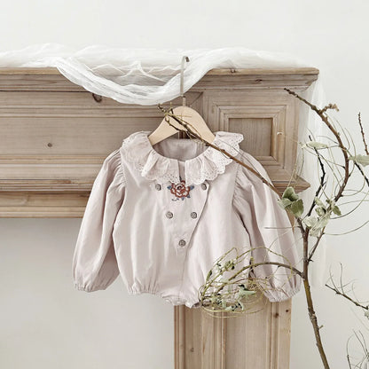 長袖ロンパース ベビーロンパース 長袖パフスリーブボディスーツ レース襟 フラワー花柄刺繍 2カラー【mh0004639】