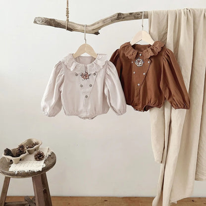 長袖ロンパース ベビーロンパース 長袖パフスリーブボディスーツ レース襟 フラワー花柄刺繍 2カラー【mh0004639】