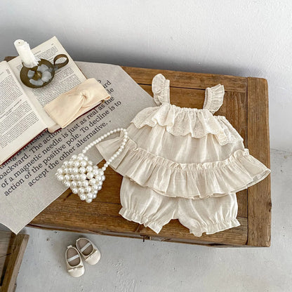 ノースリーブセットアップ ベビーセットアップ 2点セット キャミソールチュニックブラウス+バルーンショートパンツ レース ベージュ【mh0004656】