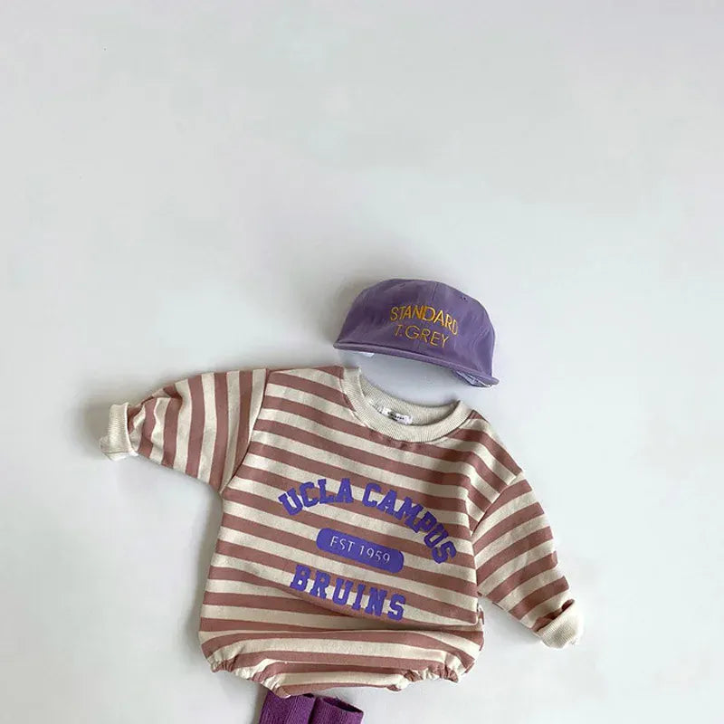 長袖ロンパース ベビーロンパース ボーダー 長袖ボディスーツ レターロゴプリント 2カラー【mh0004738】