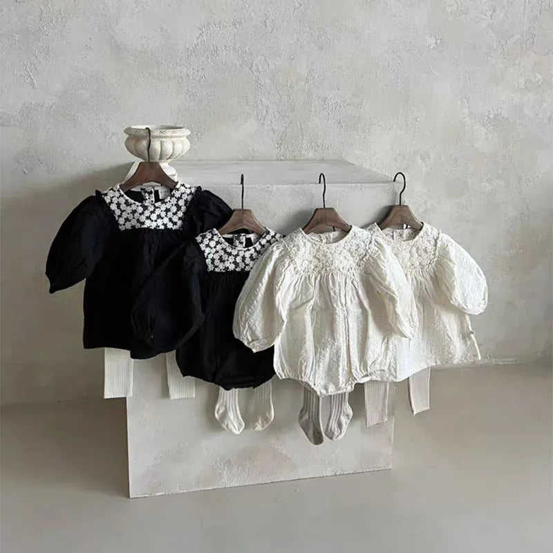 長袖ロンパース ベビーロンパース 長袖パフスリーブボディスーツ フラワー花柄レース 2カラー【mh0004801】