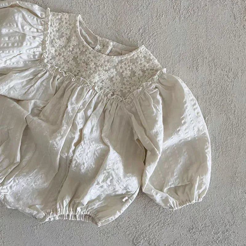 長袖ロンパース ベビーロンパース 長袖パフスリーブボディスーツ フラワー花柄レース 2カラー【mh0004801】