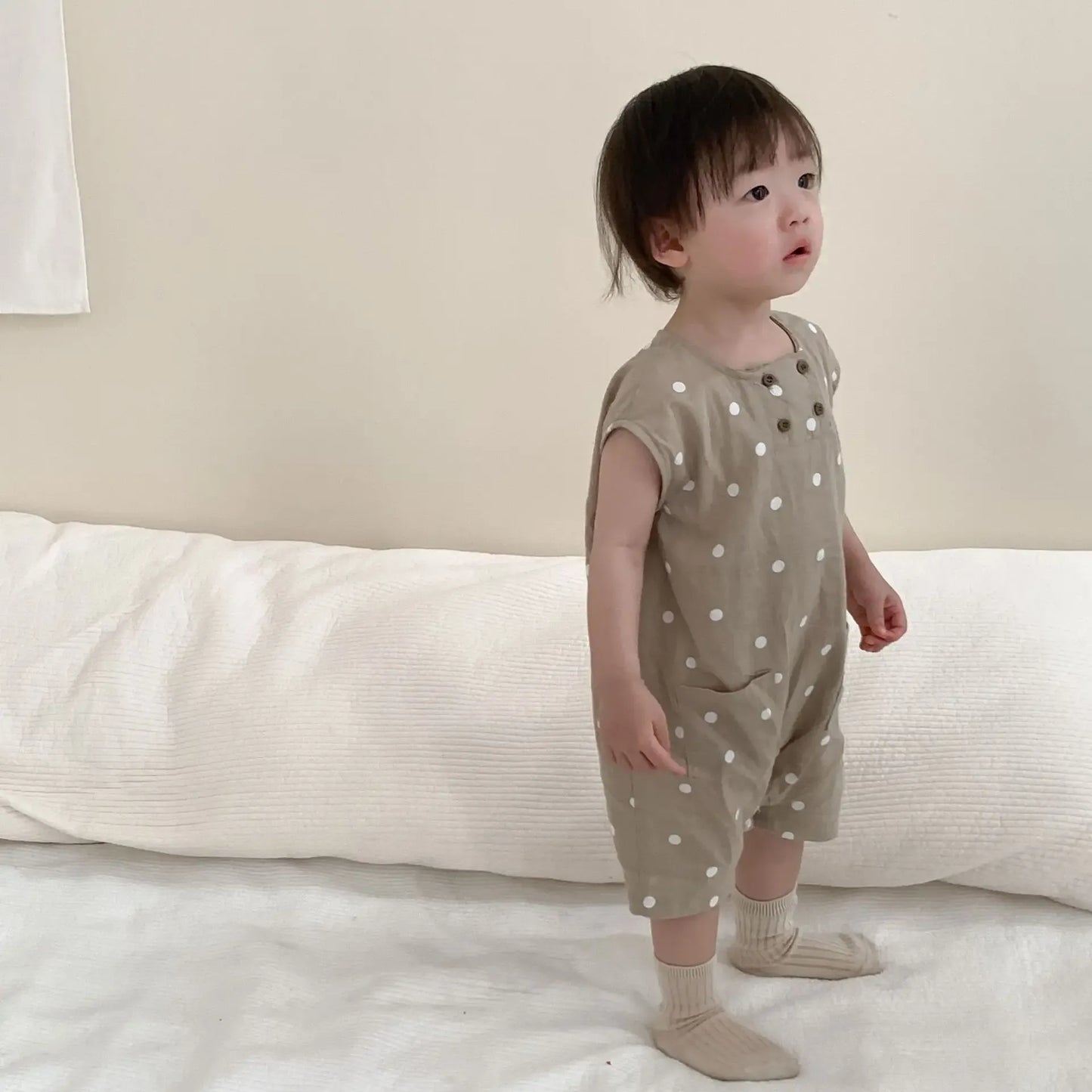 ノースリーブロンパース ベビーロンパース ショートスリーブジャンプスーツ 水玉ドットプリント 2カラー【mh0004998】