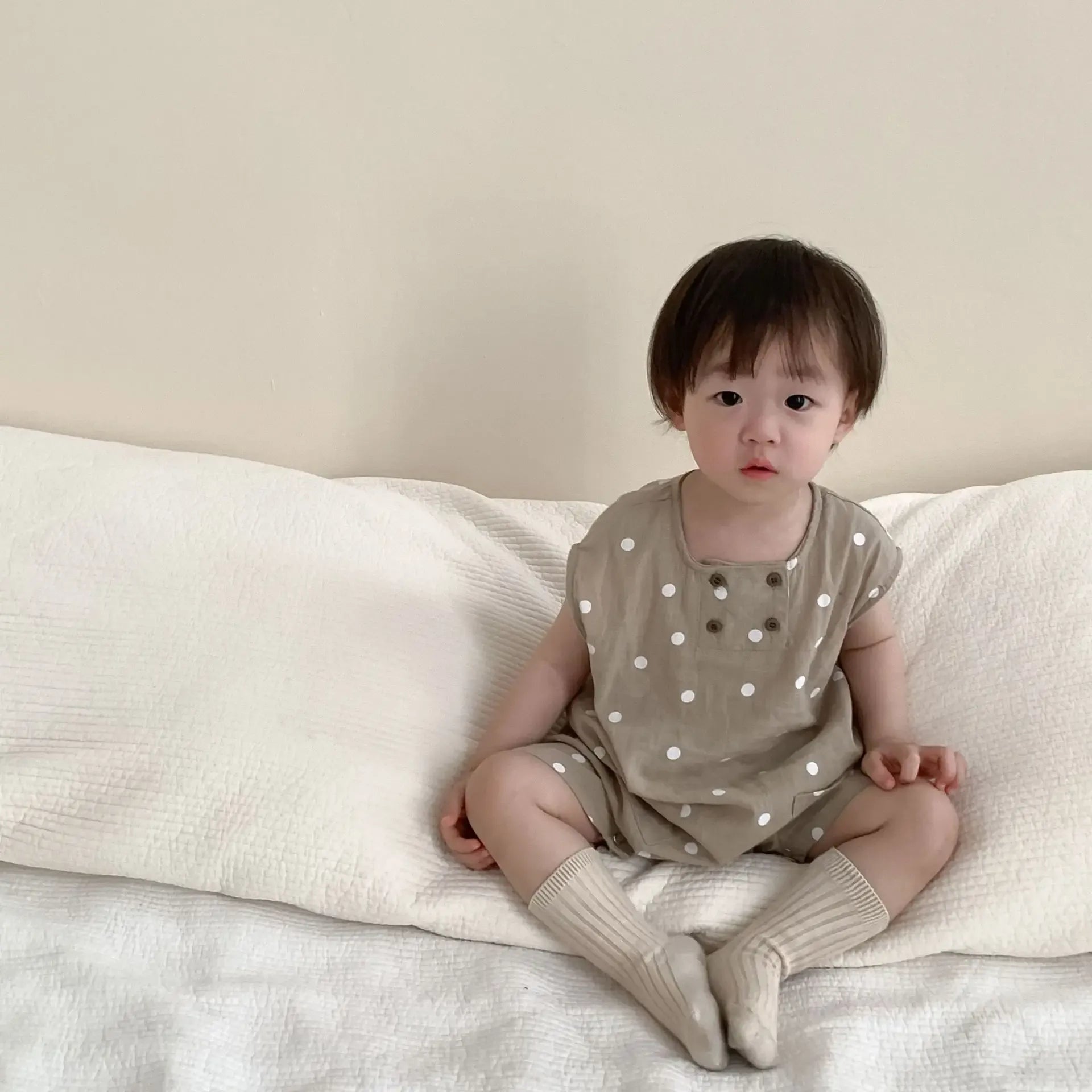 ノースリーブロンパース ベビーロンパース ショートスリーブジャンプスーツ 水玉ドットプリント 2カラー【mh0004998】