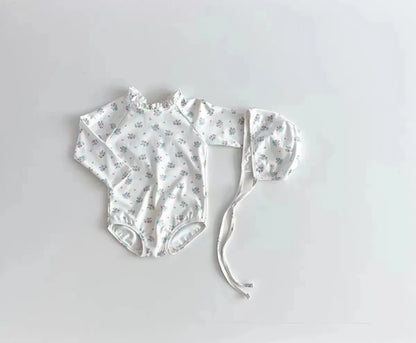 ベビー用水着 ベビー水着 帽子セット 長袖ワンピース バックレースアップ ガールズ スイムウェア スイムキャップ 2カラー【mh0005128】