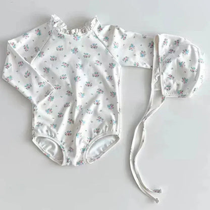 ベビー用水着 ベビー水着 帽子セット 長袖ワンピース バックレースアップ ガールズ スイムウェア スイムキャップ 2カラー【mh0005128】